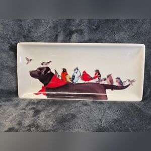 Wendy Russell Stonewear Ceramic Plate Birds On Dog Decal 103/4 #DA7473